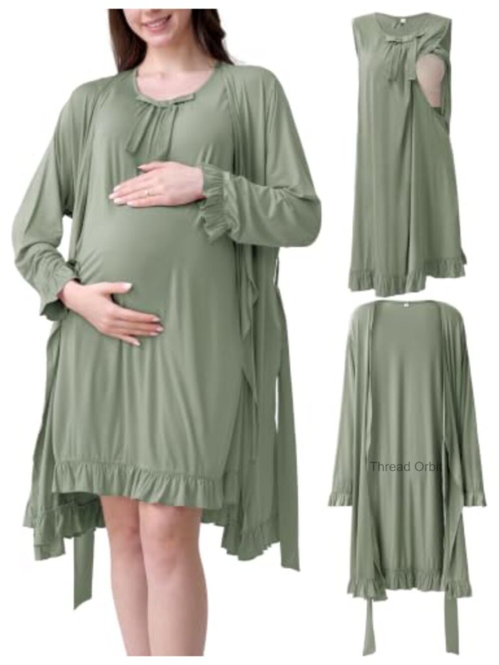 Maternity Nursing Gown & Robe Set Ruffle Labor Delivery Breastfeeding Nightgown